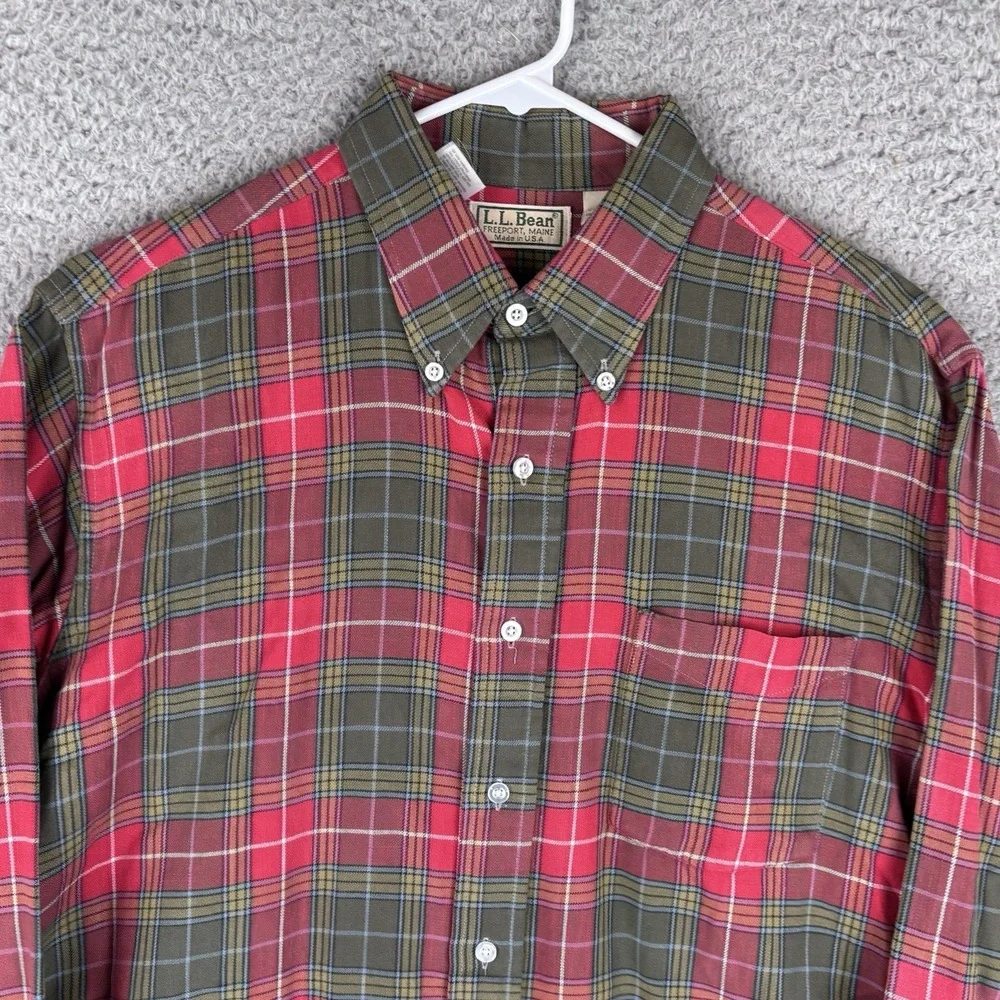 Vintage LL Bean Shirt Mens‎ Large Red Green Plaid Button Down Pocket Casual USA